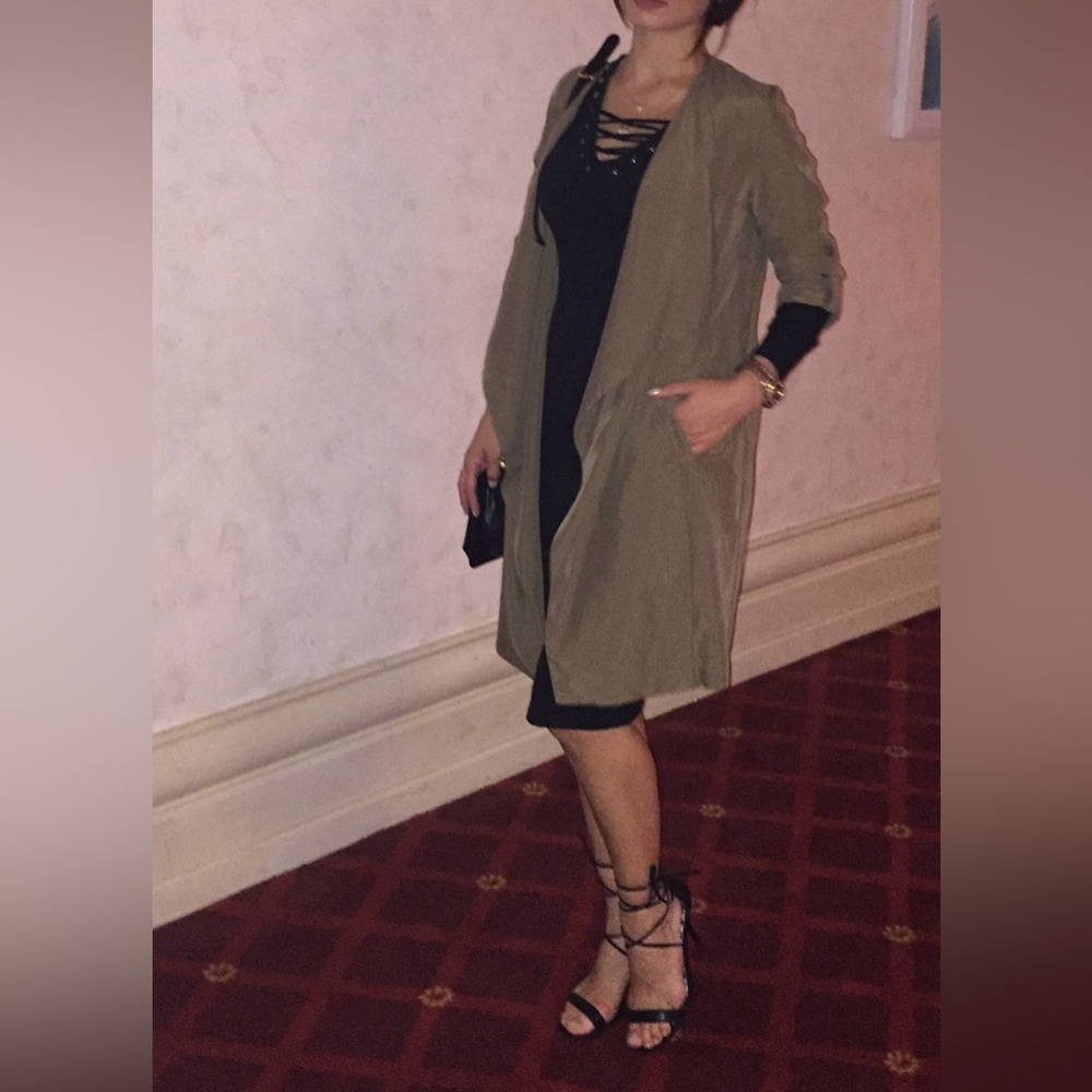 Olive Green drape coat front drop, size S